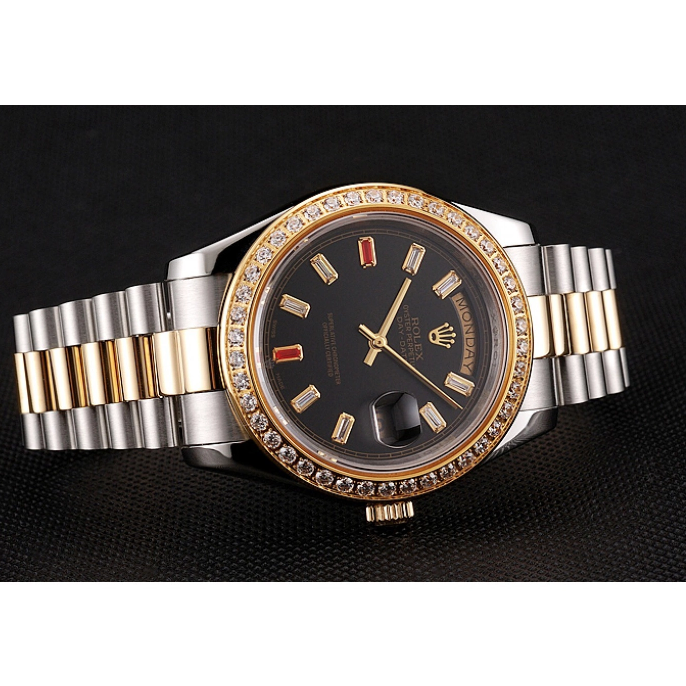 Aaa replica watch Swiss Two Rolex Rubies Bracelet Day-Date 1454105 And Dial Diamonds Black Tone 0709